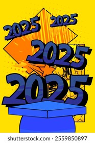 Comic Book Product podium stage for mockup presentation with 2025. Retro comics background.