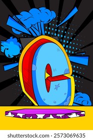 Comic Book Product podium stage for mockup presentation with Letter C. Retro comics background.