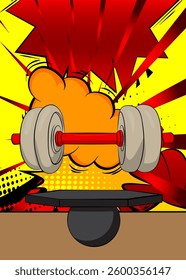 Comic Book Product podium stage for mockup presentation with Dumbbell. Retro comics background.