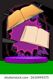 Comic Book Product podium stage for mockup presentation with Book. Retro comics background.