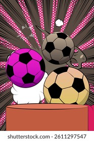 Comic Book Product podium stage for mockup presentation with Soccer Ball. Retro comics background.