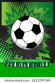 Comic Book Product podium stage for mockup presentation with Soccer Ball. Retro comics background.