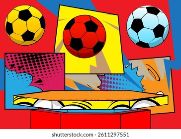 Comic Book Product podium stage for mockup presentation with Soccer Ball. Retro comics background.
