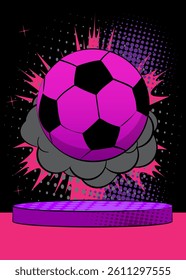 Comic Book Product podium stage for mockup presentation with Soccer Ball. Retro comics background.