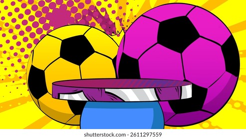 Comic Book Product podium stage for mockup presentation with Soccer Ball. Retro comics background.