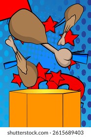 Comic Book Product podium stage for mockup presentation with chicken drumstick and thigh. Retro comics background.