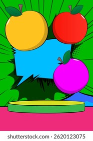 Comic Book Product podium stage for mockup presentation with Apple. Retro comics background.