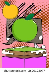 Escenario del podio del Producto del cómic para la presentación de la maqueta con Apple. Fondo de cómics retro.