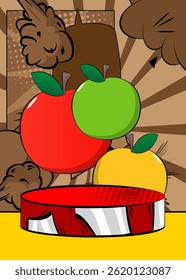 Comic Book Product podium stage for mockup presentation with Apple. Retro comics background.