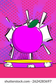 Comic Book Product podium stage for mockup presentation with apple. Retro comics background.