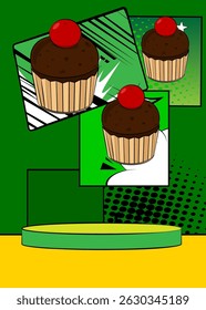 Comic Book Product podium stage for mockup presentation with Cupcake. Retro comics background.