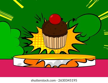 Comic Book Product podium stage for mockup presentation with Cupcake. Retro comics background.