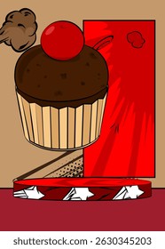 Escenario del podio del Producto del cómic para la presentación de la maqueta con Cupcake. Fondo de cómics retro.