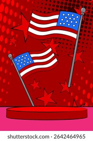 Comic Book Product podium stage for mockup presentation with American Flag. Retro comics background.