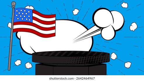 Comic Book Product podium stage for mockup presentation with American Flag. Retro comics background.