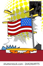 Comic Book Product podium stage for mockup presentation with American Flag. Retro comics background.