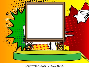 Escenario del podio del Producto del cómic para la presentación de maqueta con Billboard. Fondo de cómics retro.