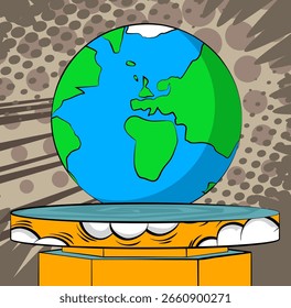 Escenario del podio del Producto Comic Book para la presentación de maquetas con el planeta Tierra. Fondo de cómics retro.