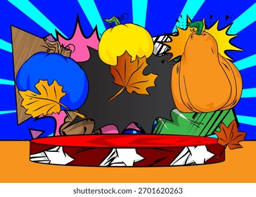 Escenario del podio del Producto del cómic para la presentación de la maqueta con la calabaza de Acción de Gracias y las hojas del otoño. Fondo de cómics retro.