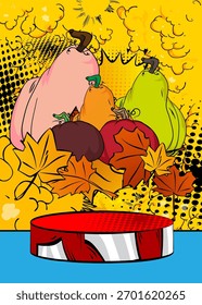 Comic Book Product podium stage for mockup presentation with Thanksgiving pumpkin and Autumn leaves. Retro comics background.