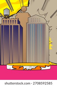 Escenario del podio del Producto del cómic para la presentación de la maqueta con el rascacielos. Fondo de cómics retro.