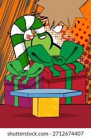 Comic Book Product podium stage for mockup presentation with Gift Box and Candy cane. Retro comics background.