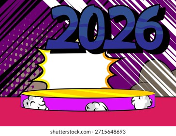 Escenario de podio del Producto de cómics para la presentación de maquetas con 2026. Fondo de cómics retro.