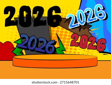 Escenario de podio del Producto de cómics para la presentación de maquetas con 2026. Fondo de cómics retro.