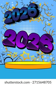 Escenario de podio del Producto de cómics para la presentación de maquetas con 2026. Fondo de cómics retro.