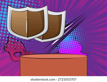 Comic Book Produkt Podium Bühne für Mockup-Präsentation mit Shield. Retro Comics Hintergrund.