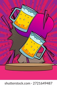 Escenario del podio del Producto del cómic para la presentación de la maqueta con el vidrio de la cerveza. Fondo de cómics retro.
