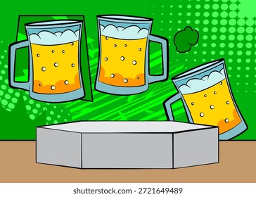 Escenario del podio del Producto del cómic para la presentación de la maqueta con el vidrio de la cerveza. Fondo de cómics retro.