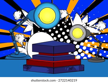 Comic Book Product podium stage for mockup presentation with Office lamp. Retro comics background.