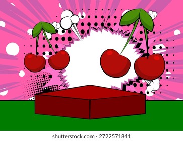 Escenario del podio del Producto del cómic para la presentación de la maqueta con la cereza. Fondo de cómics retro.