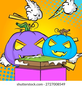 Escenario del podio del Producto del cómic para la presentación de la maqueta con Jack-O-Lantern, calabaza de Halloween. Fondo de cómics retro.