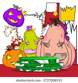 Escenario del podio del Producto del cómic para la presentación de la maqueta con Jack-O-Lantern, calabaza de Halloween. Fondo de cómics retro.