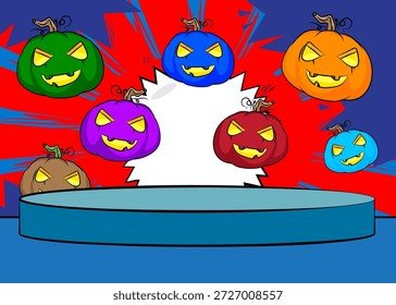Escenario del podio del Producto del cómic para la presentación de la maqueta con Jack-O-Lantern, calabaza de Halloween. Fondo de cómics retro.