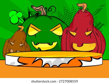 Escenario del podio del Producto del cómic para la presentación de la maqueta con Jack-O-Lantern, calabaza de Halloween. Fondo de cómics retro.