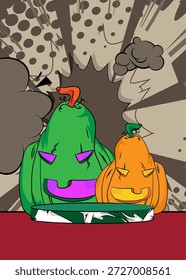 Escenario del podio del Producto del cómic para la presentación de la maqueta con Jack-O-Lantern, calabaza de Halloween. Fondo de cómics retro.