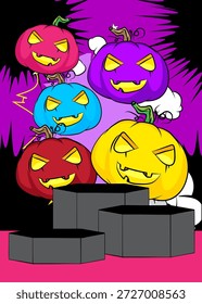Escenario del podio del Producto del cómic para la presentación de la maqueta con Jack-O-Lantern, calabaza de Halloween. Fondo de cómics retro.