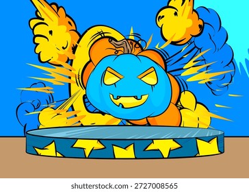 Escenario del podio del Producto del cómic para la presentación de la maqueta con Jack-O-Lantern, calabaza de Halloween. Fondo de cómics retro.