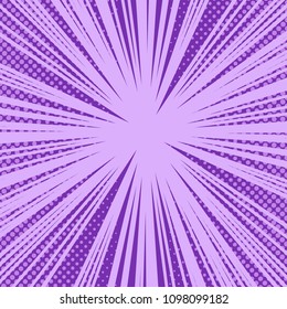 Comic book purple bright explosive background with rays and halftone humor effects. Vector illustration