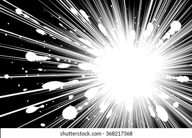 Comic book radial lines background with spray paint Rectangle fight stamp for card Manga or anime speed graphic texture Superhero explosion vector illustration Sun ray or star burst element