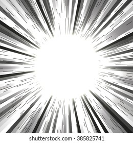 Comic book radial lines background. Black and white rays. Explosion with speed lines. Manga speed frame. Square stamp design. Vector illustration. EPS10.