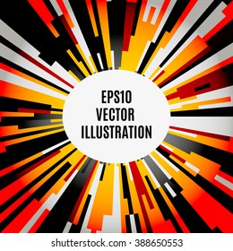 Comic book radial lines background. Explosion with speed lines. Manga speed frame. Have inscriptions place. Square stamp design. Red, yellow, black, white and gray colors. Vector illustration. EPS10.