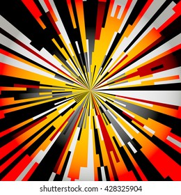 Comic book radial lines background. Rays from the center of square. Explosion with speed lines. Manga speed frame. Square stamp design. Red, yellow, black, white and gray colors. Vector. EPS10.