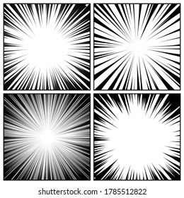 Comic book radial lines collection. Comics background with motion, speed lines. Vector illustration.