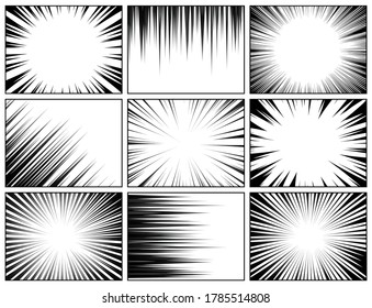 Comic book radial lines collection. Comics background with motion, speed lines. Vector illustration.