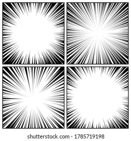Colección de líneas radiales de historietas. Comics de fondo con movimiento, líneas de velocidad. Ilustración vectorial.