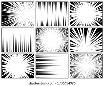 Colección de líneas radiales de historietas. Comics de fondo con movimiento, líneas de velocidad. Ilustración vectorial.
